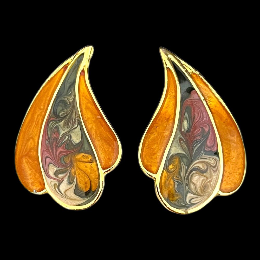 Vintage 1980s Gold Tone Pierced Earrings Hand Applied Shimmer Enamel NOS - 3G